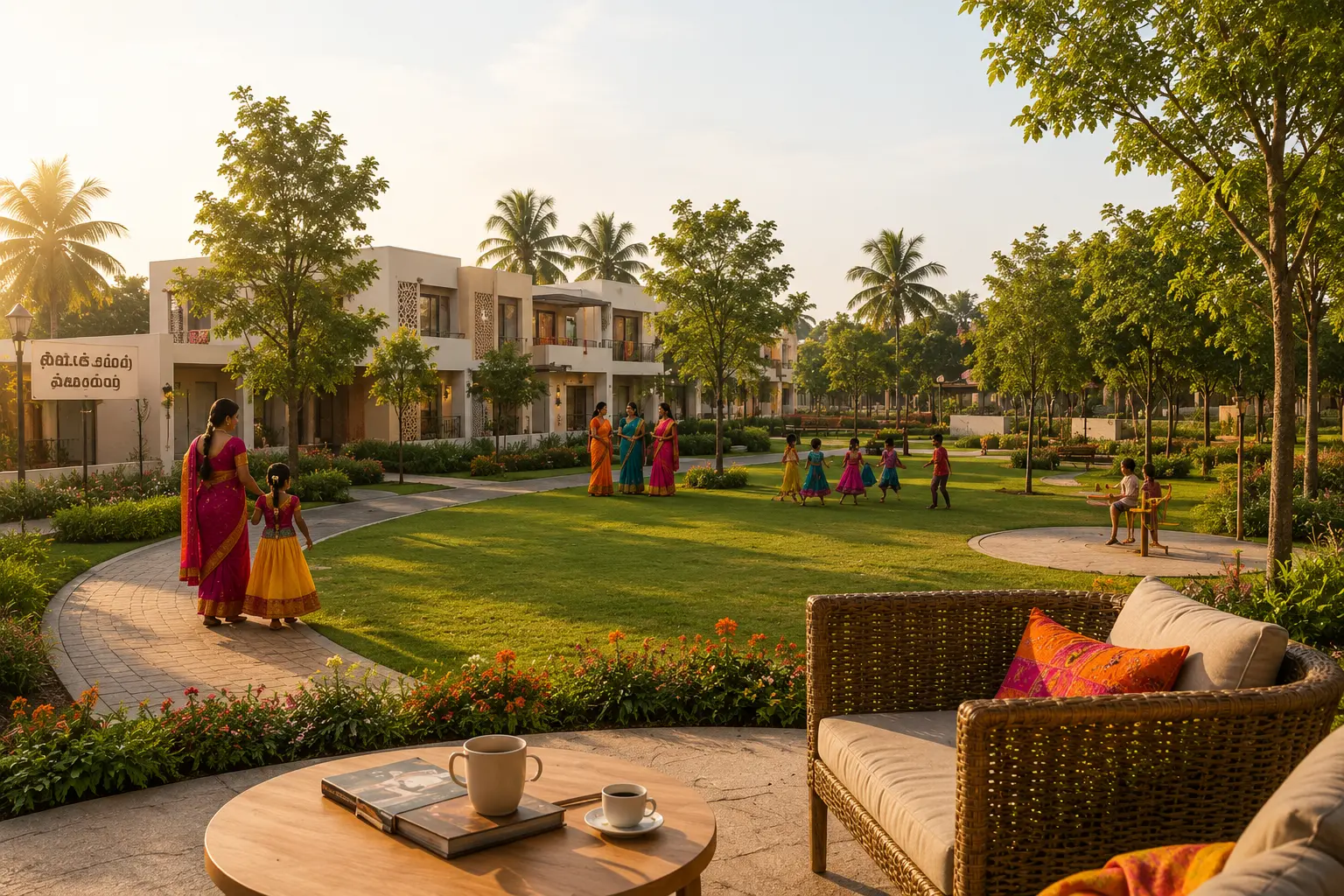 Landscaped park and lawn with children playing inside the community