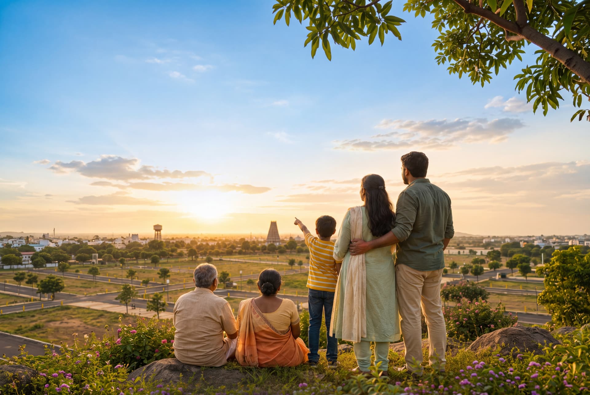Family looking over the plotted layout with Trichy skyline at sunset