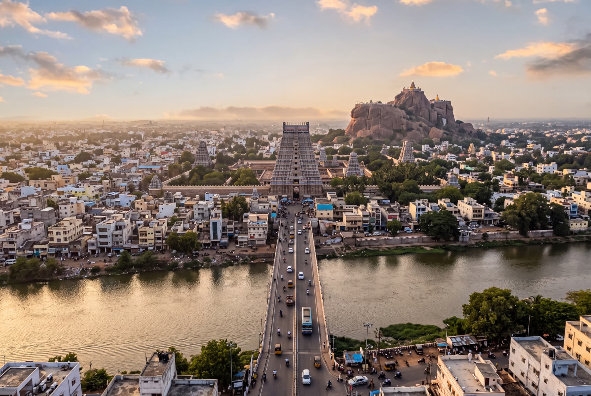 Aerial view of Tiruchirappalli city, Srirangam gopuram and Rockfort