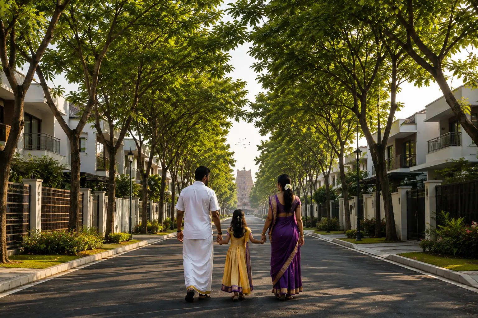 Tree lined internal road at Haritha with a family walking